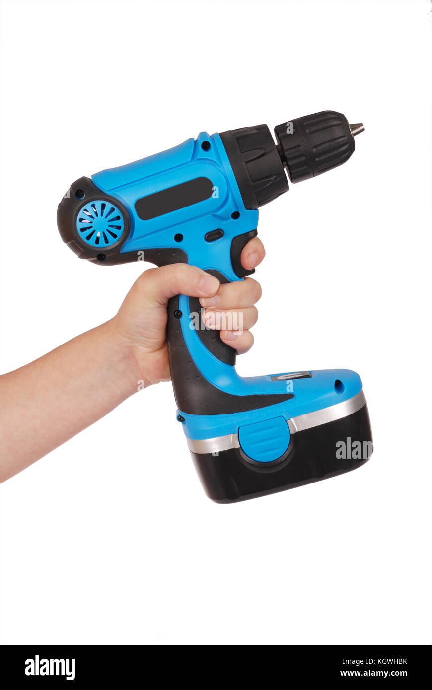 Hand holds cordless electric screwdriver with bit for screws isolated on white background Stock