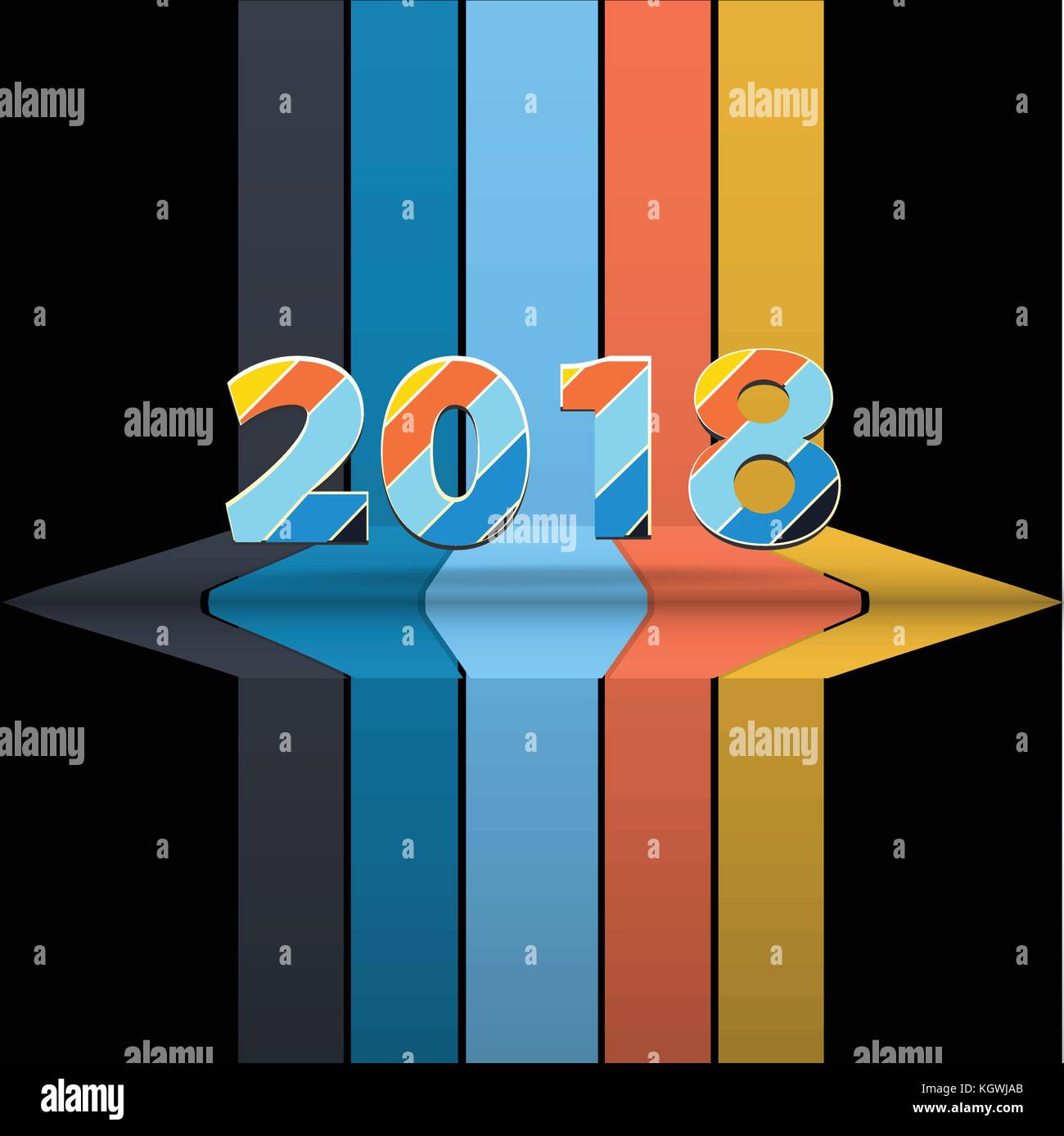 3D Illustration of Twenty Eighteenth 2018 New Years in Striped Numbers Over Black Background with Stripes and Shelf Stock Vector