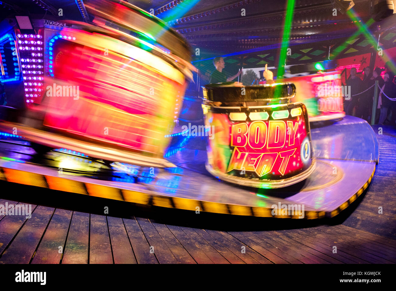 Fun fair waltzers. Ministry of Sound Waltzer fairground ride at Goose Fair, Nottingham, England, UK Stock Photo