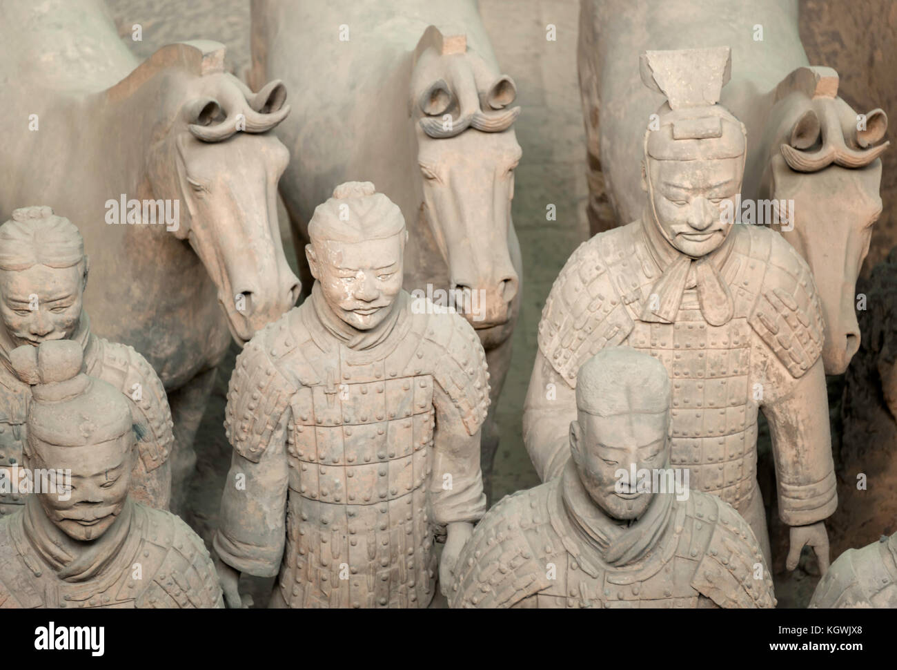 Closeup of some of the Terra Cotta Warriors from Emperor Qin Shihuangdi's tomb. Stock Photo