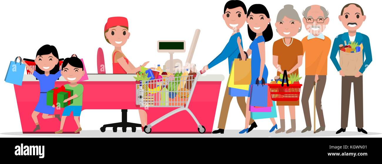 Vector cartoon people doing shopping supermarket Stock Vector