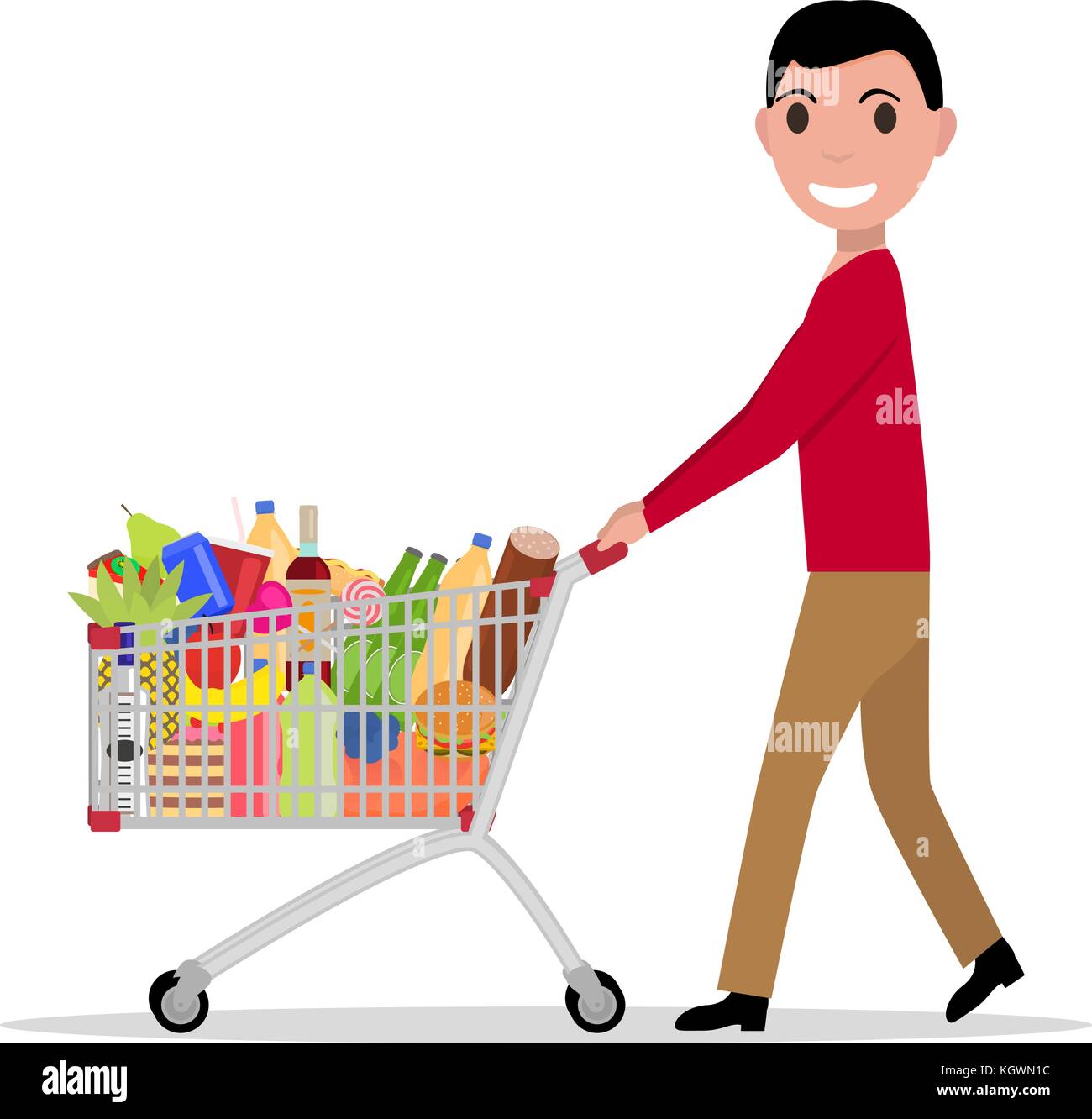 Vector man with shopping trolley full groceries Stock Vector