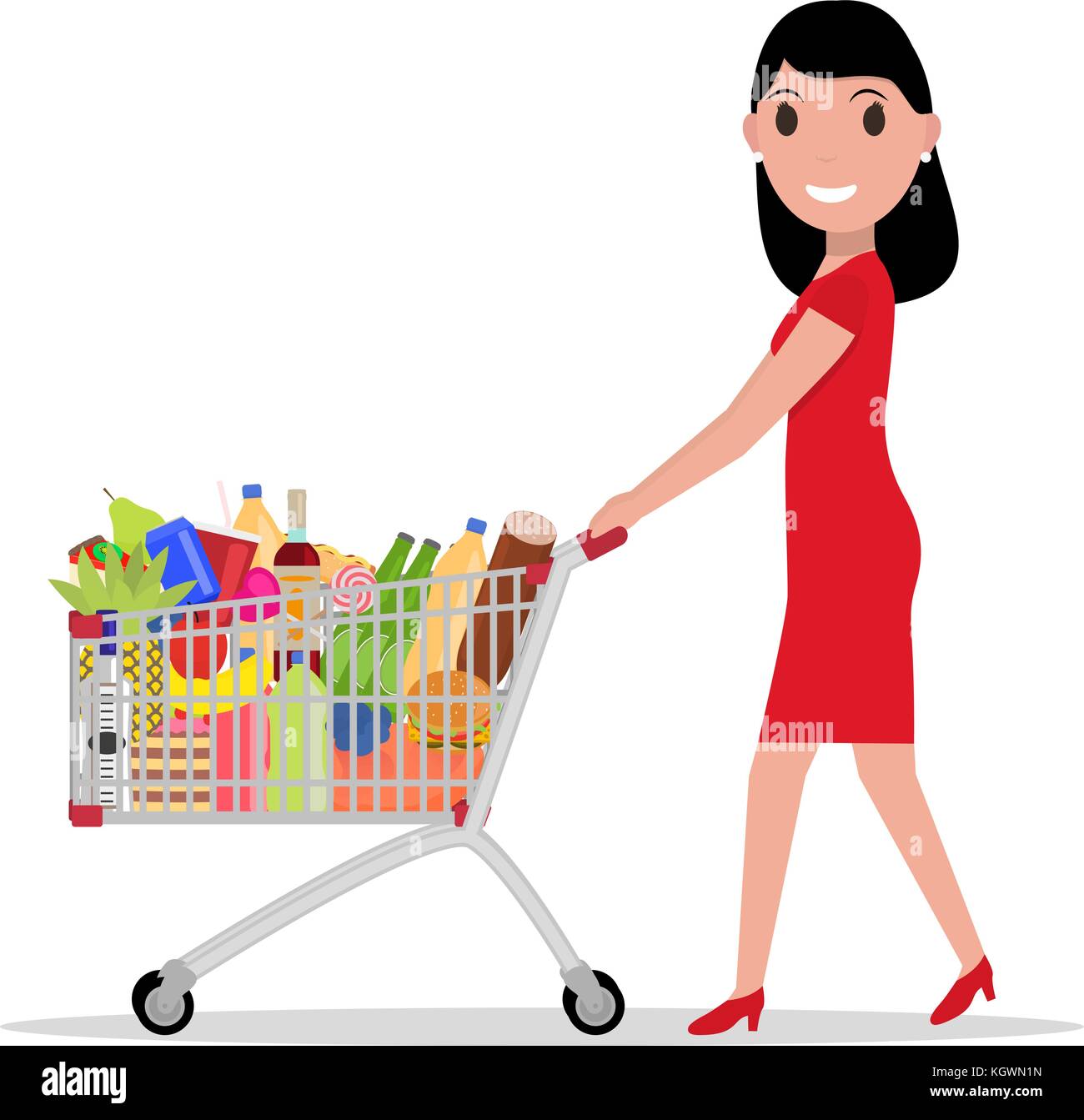 Vector woman with shopping trolley full groceries Stock Vector