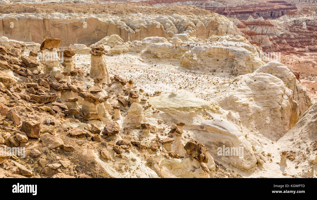 Rimrock Hoodoos and toadstools perched precariously above a white canyon in Grand Staircase Escalante National Monument, Utah. Stock Photo
