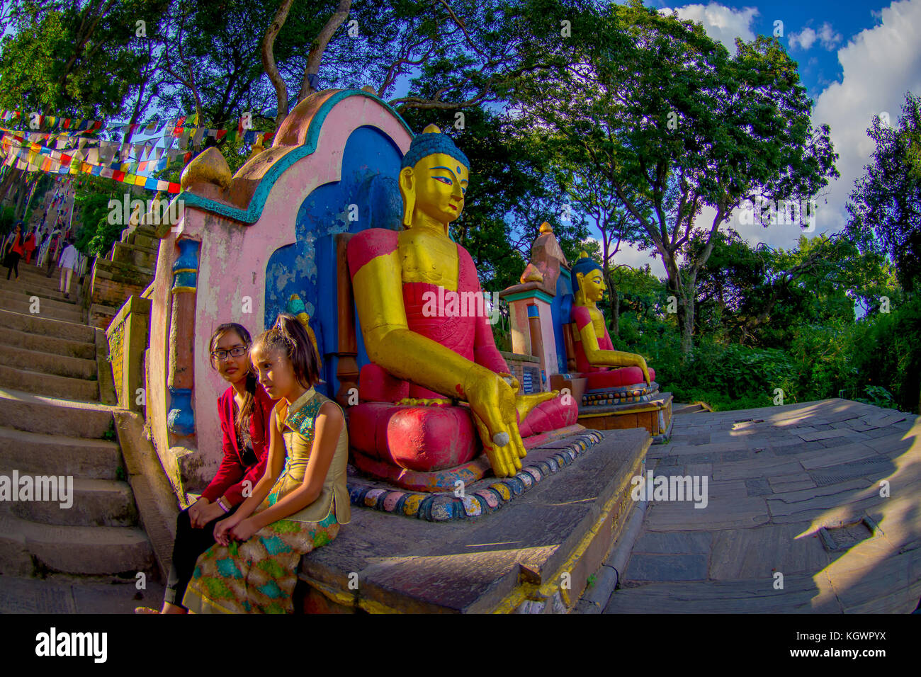 Buddha statue entrance swayambhunath temple hires stock photography