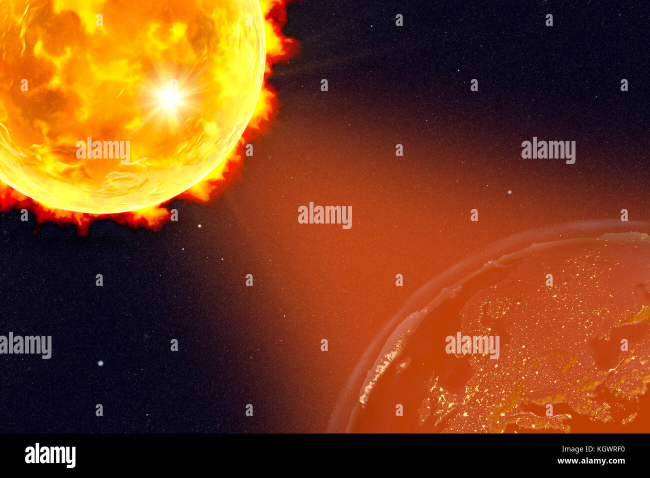 Computer illustration showing a solar flare hitting Earth. Elements of this image furnished by NASA. Stock Photo