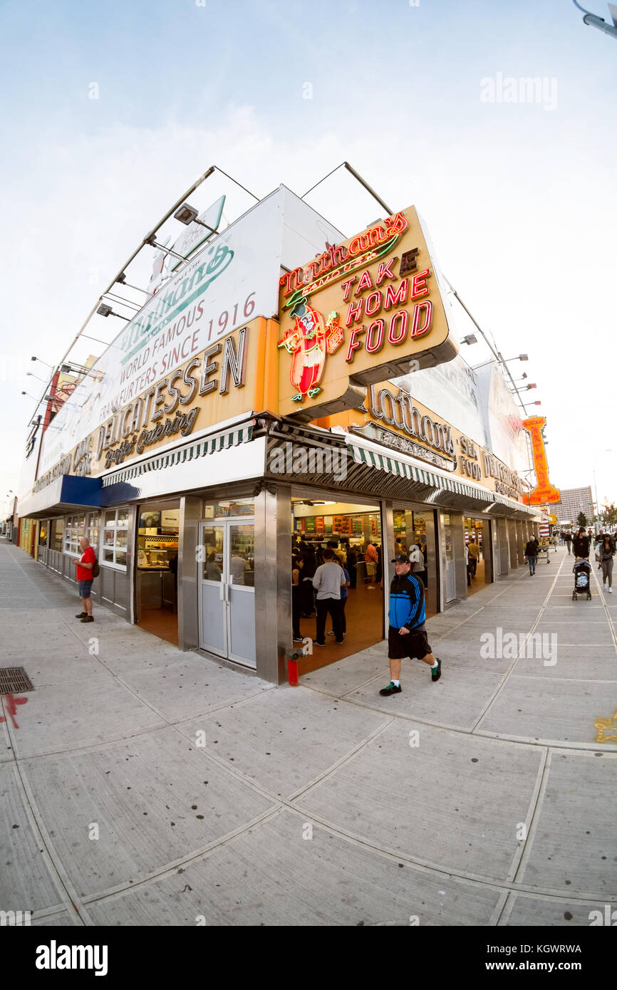 The original Nathan's Hot dog restaurant on Surf Avenue in Coney Island, Brooklyn, New York, NY, United States of America, U.S.A. Stock Photo