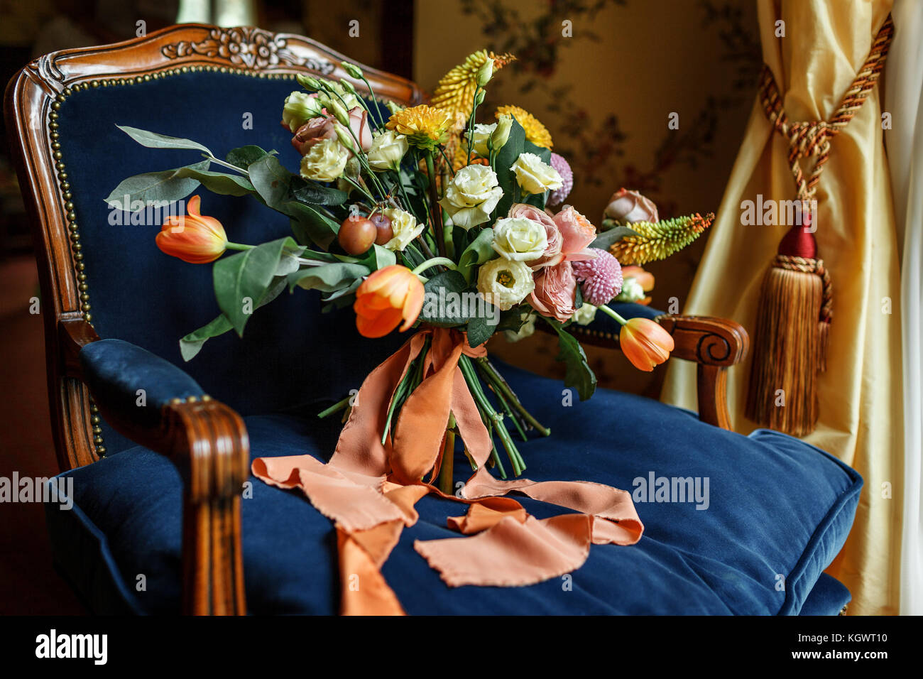 wedding bouquet at chair Stock Photo Alamy