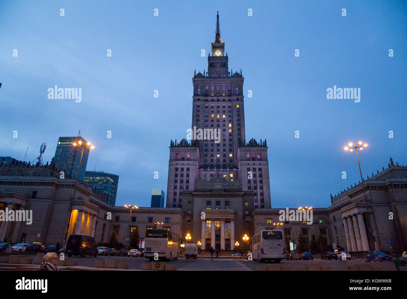 237 meter Palace of Culture and Science (Palac Kultury i Nauki PKiN) designed by Lev Rudnev is the tallest building in Warsaw and the highest in Polan Stock Photo