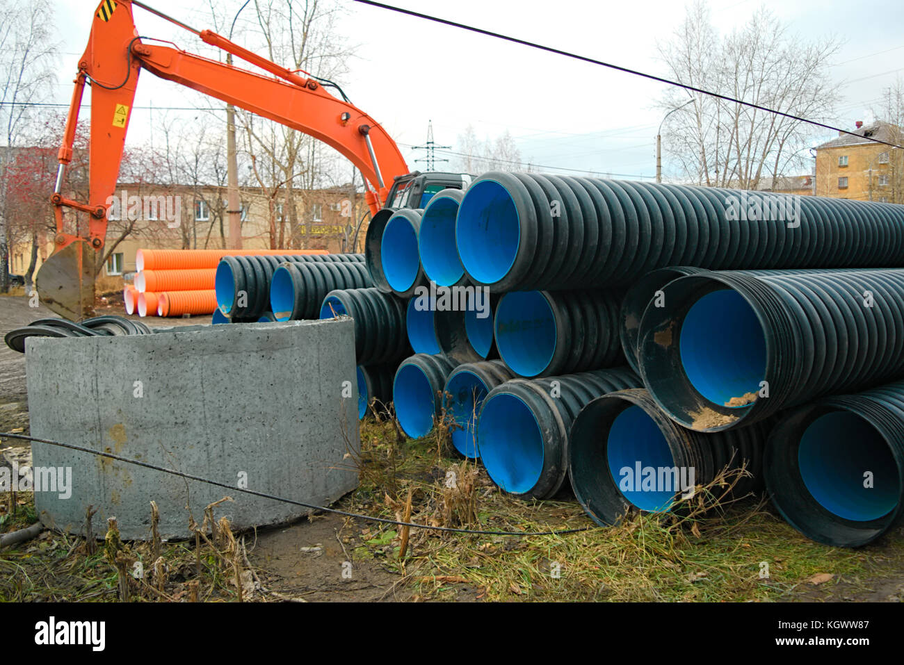 Pipes of PVC large diameter prepared for laying on construction site ...