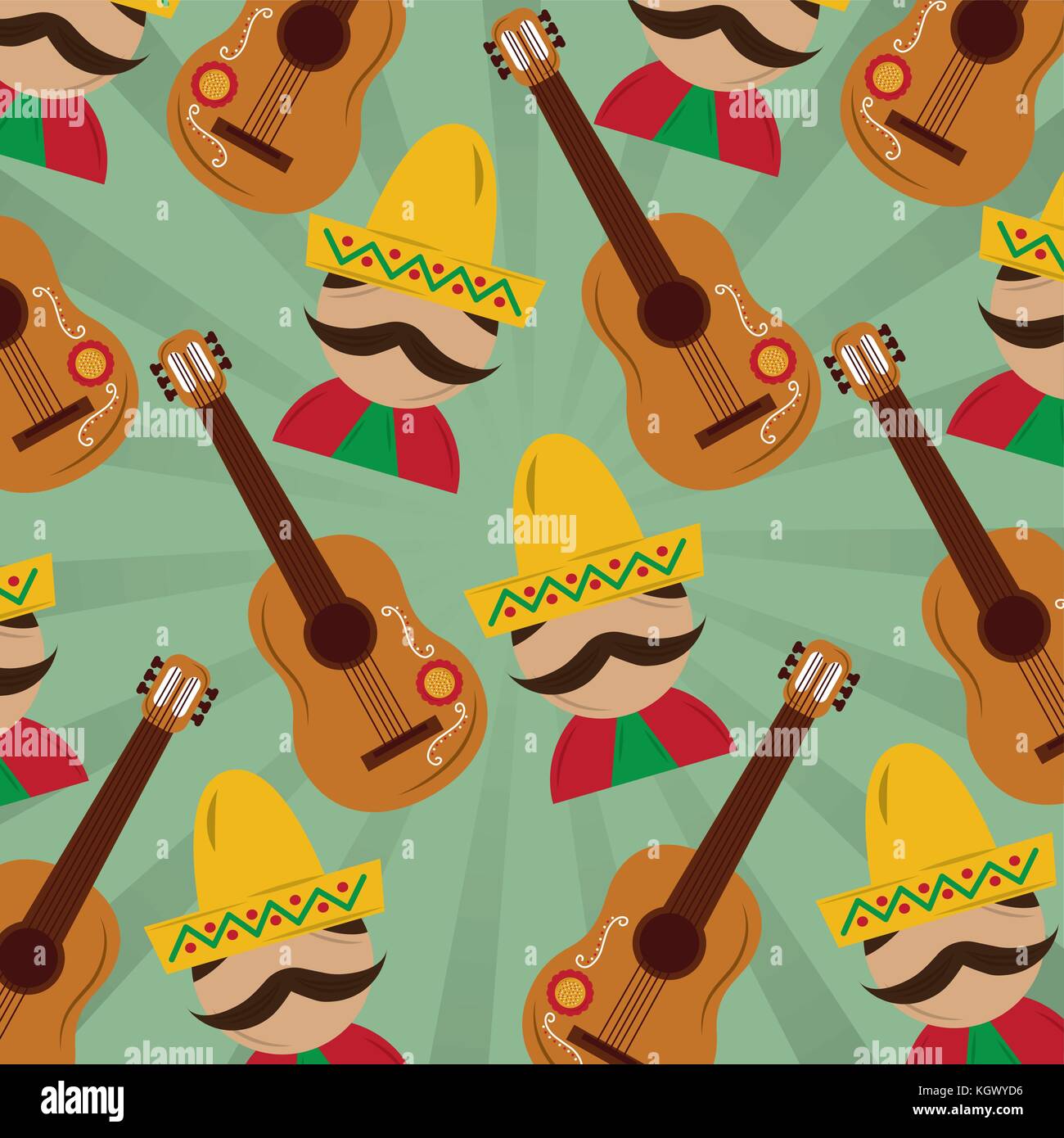 mexican man with hat mustache and guitar pattern image Stock Vector