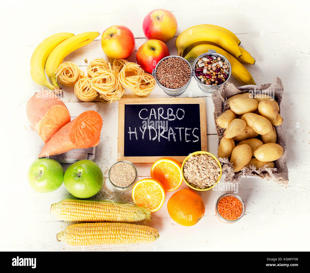 Foods Highest in Carbohydrates. Healthy eating concept. Flat lay Stock