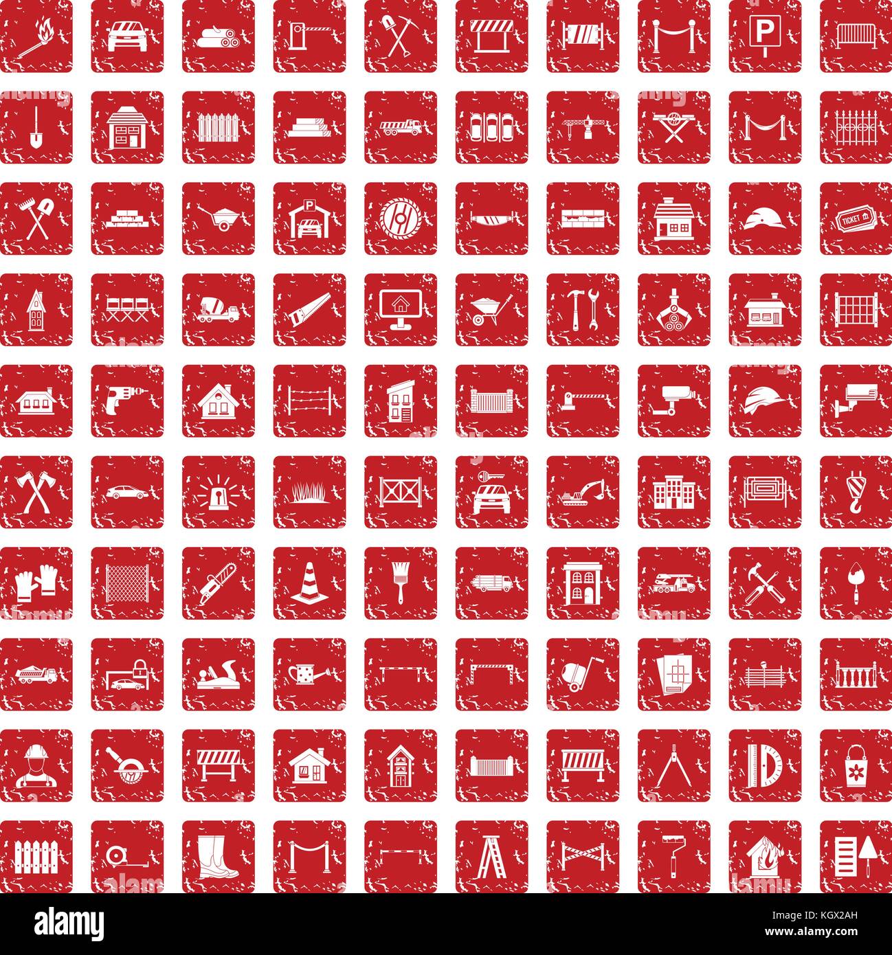 100 fence icons set grunge red Stock Vector