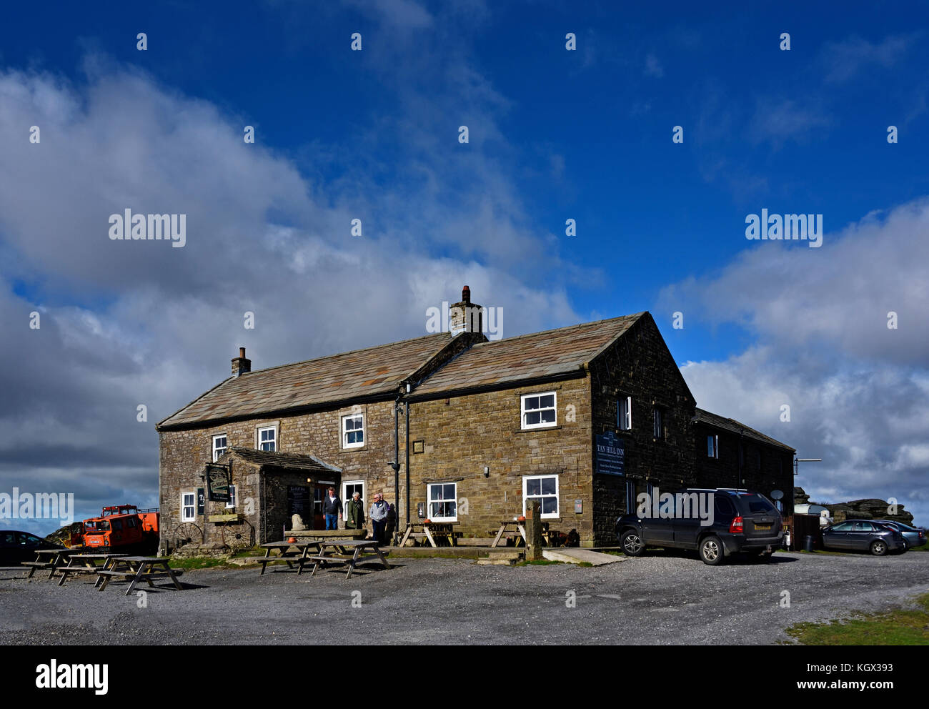 Visitors at Tan Hill Inn, Richmondshire, North Yorkshire, England, United Kingdom, Europe. Stock Photo