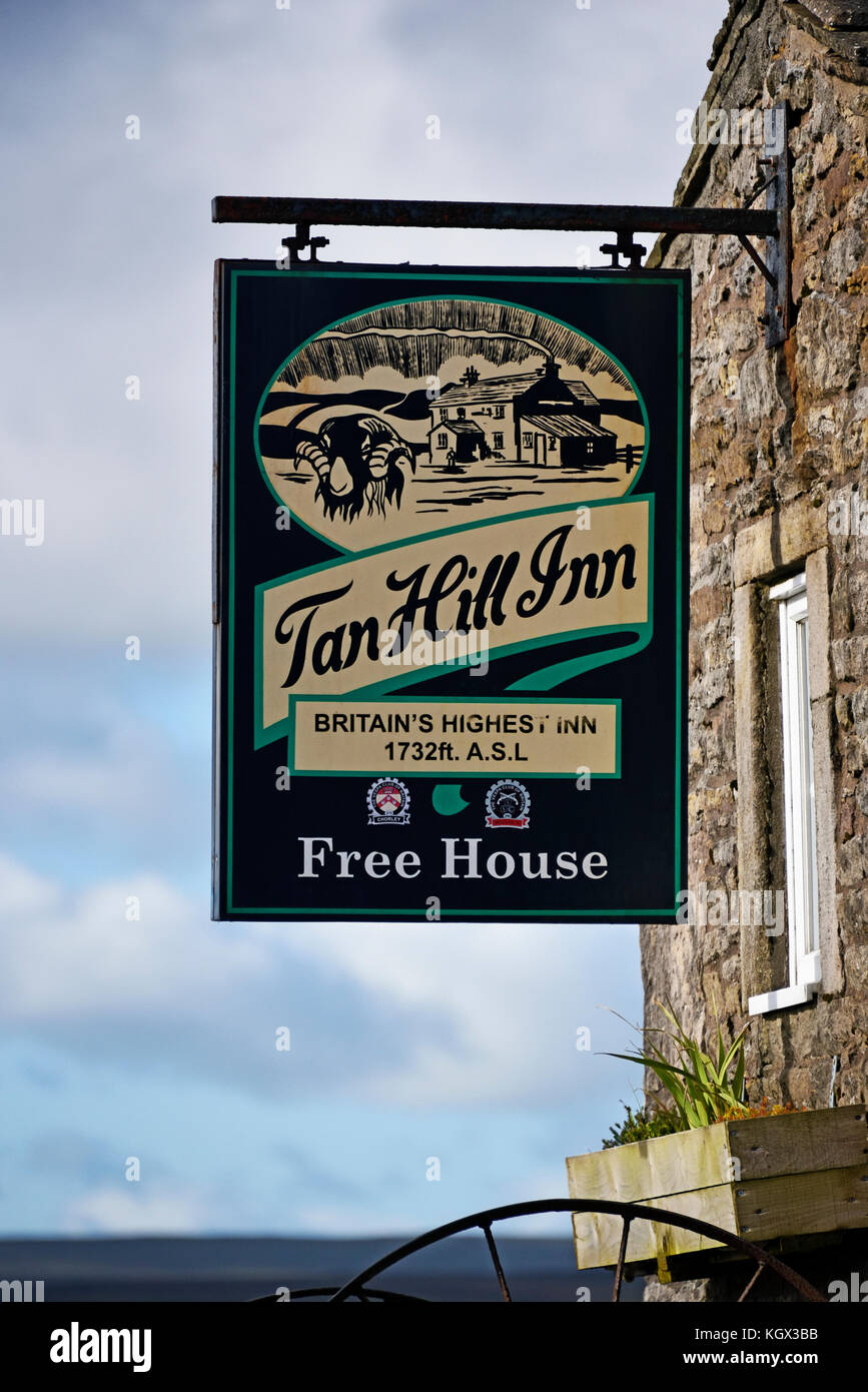 Inn sign. Tan Hill Inn, Richmondshire, North Yorkshire, England, United Kingdom, Europe. Stock Photo