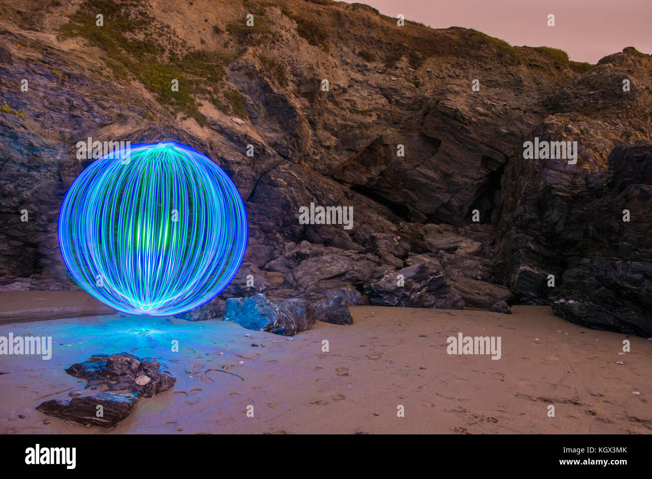 Light Painting Orb by Cliff Porthtowan Beach, Cornwall United Kingdom