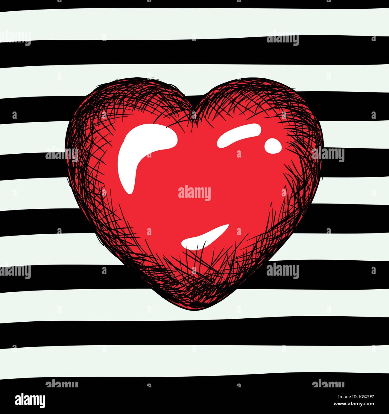 red heart sketch on pop art on black striped background Stock Vector