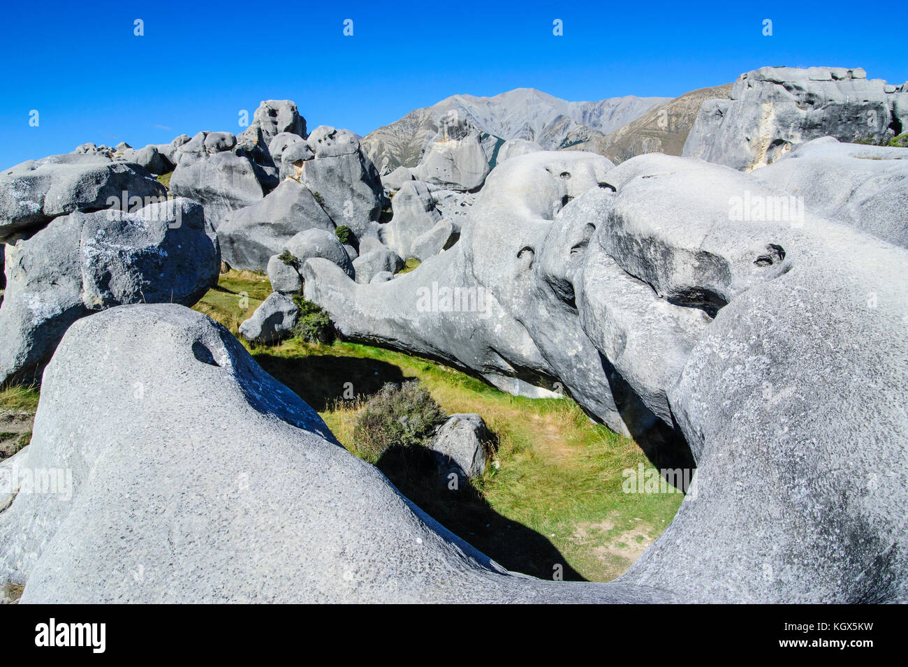 Limestone outcrops on Castle Hill, South Island, New Zealand Stock Photo