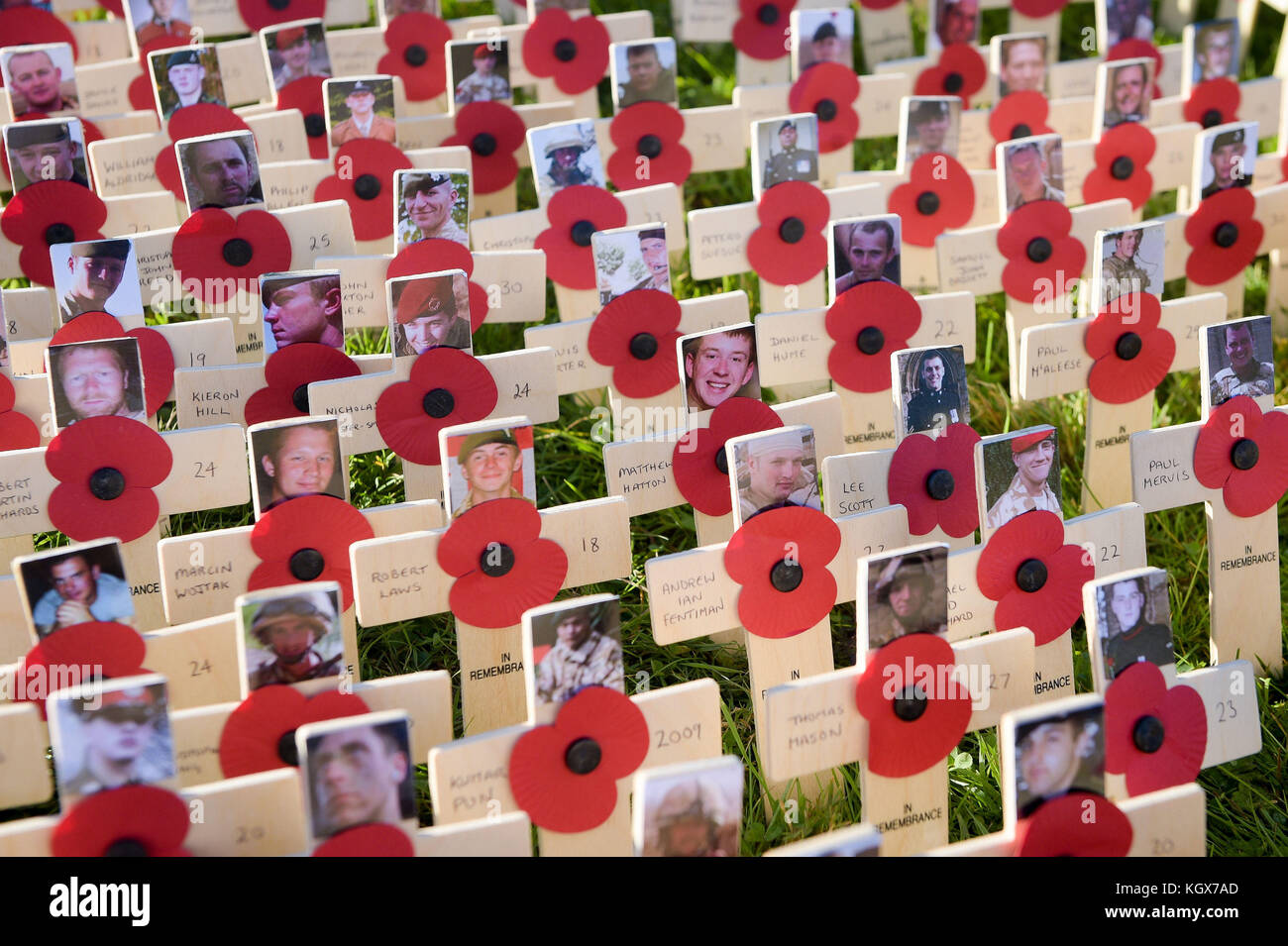 Pictures of soldiers that have died in the Afghanistan conflict on crosses in the Royal Wootton Bassett Field of Remembrance at Lydiard park, Swindon, as it opens to honour and remember those who have been lost serving in the Armed Forces. Stock Photo