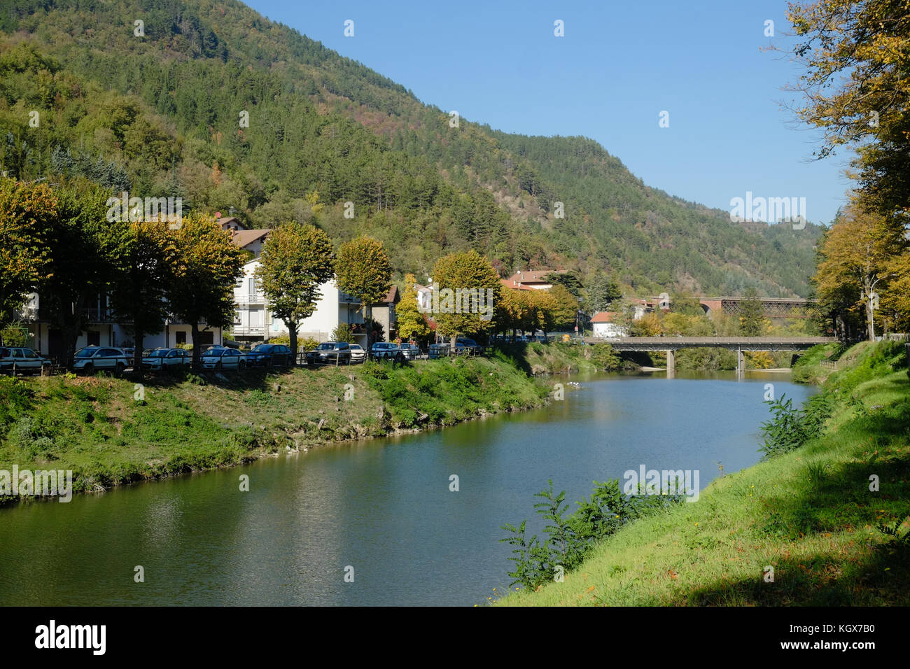 Autumn sunny day of the river just outside the old town of Marradi, Tuscany well know old town for the celebration of chestnuts every year on October. Stock Photo