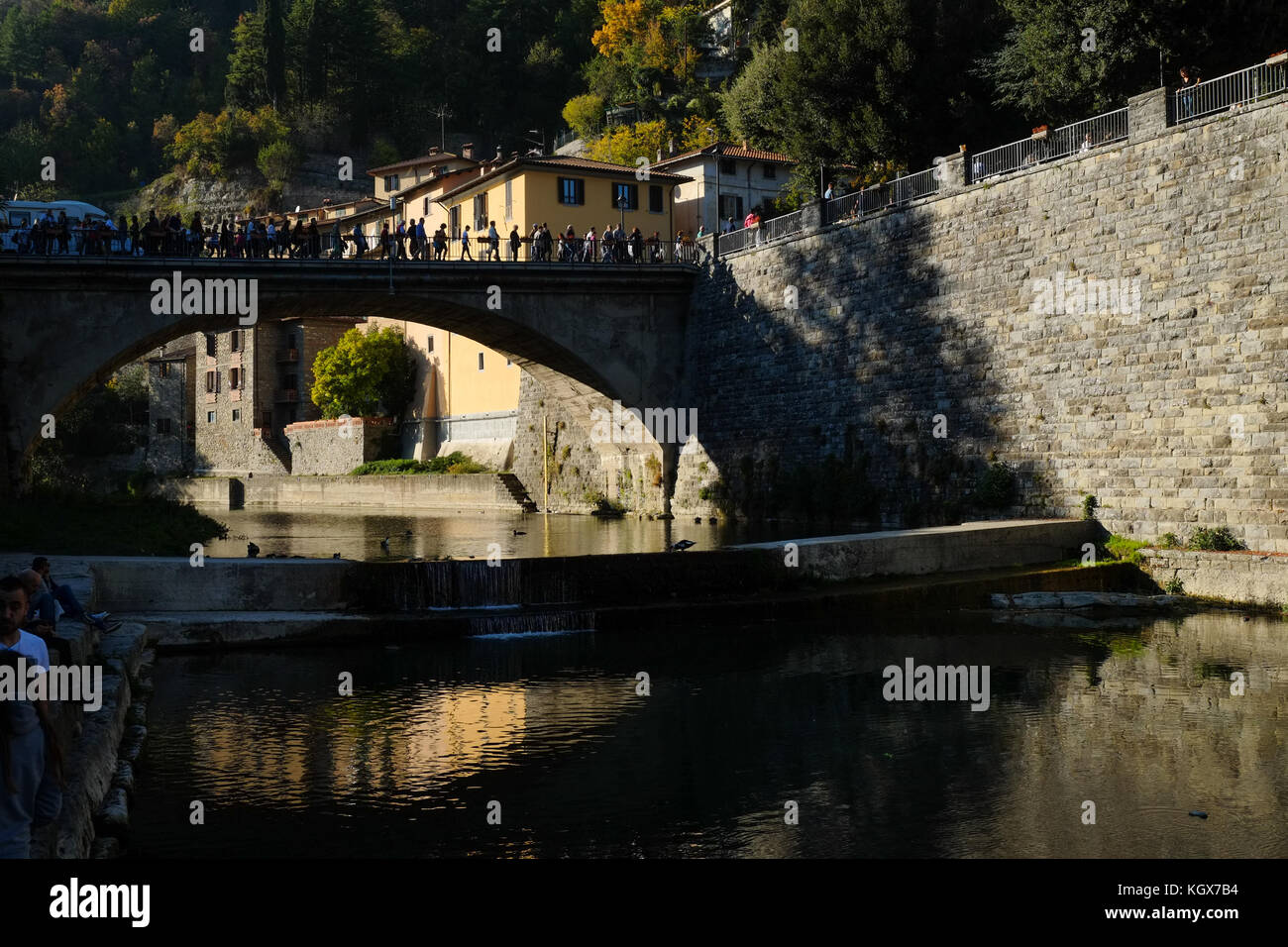 Autumn sunny day of the river just outside the old town of Marradi, Tuscany well know old town for the celebration of chestnuts every year on October. Stock Photo