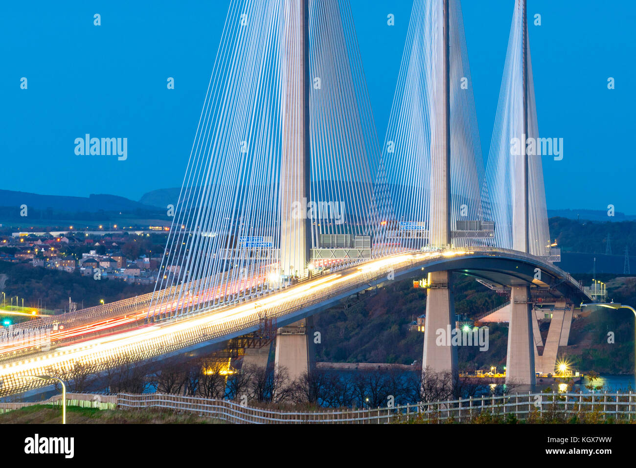 Night view of new Queensferry Crossing Bridge spanning the Firth of Forth in Scotland, United Kingdom Stock Photo