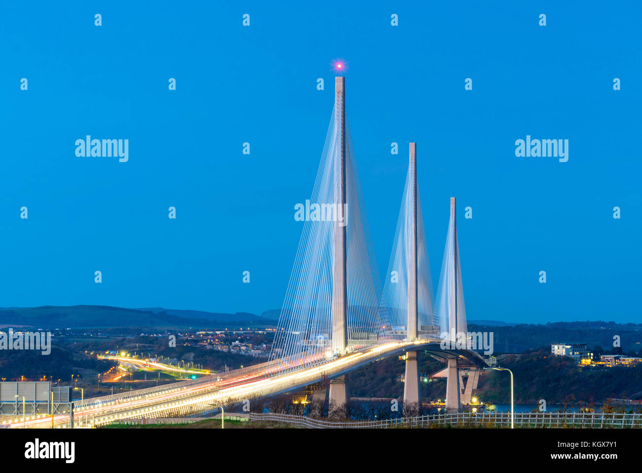 Night view of new Queensferry Crossing Bridge spanning the Firth of Forth in Scotland, United Kingdom Stock Photo