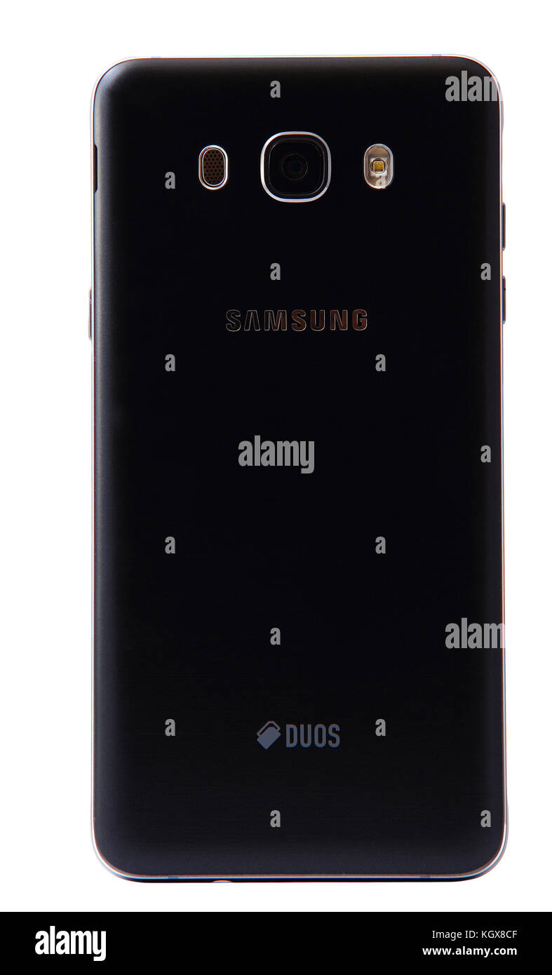 New York, USA - October 29, 2017: Samsung galaxy J7 smartphone back side with camera isolated on white background. Stock Photo