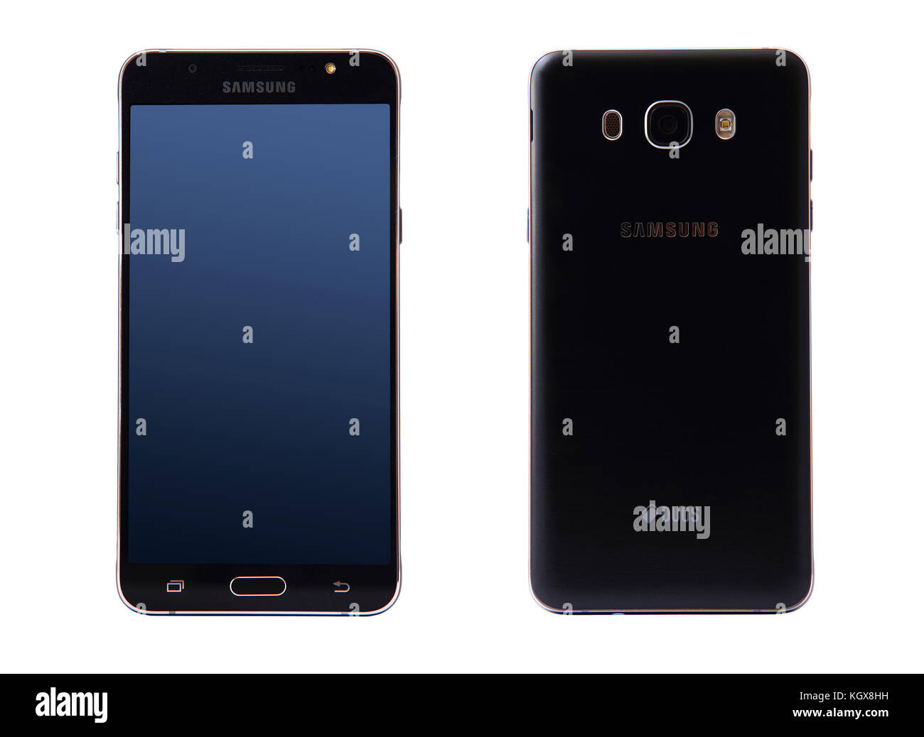 New York, USA - October 29, 2017: Front and back sides of Samsung galaxy J7 smartphone isolated on white background. Stock Photo