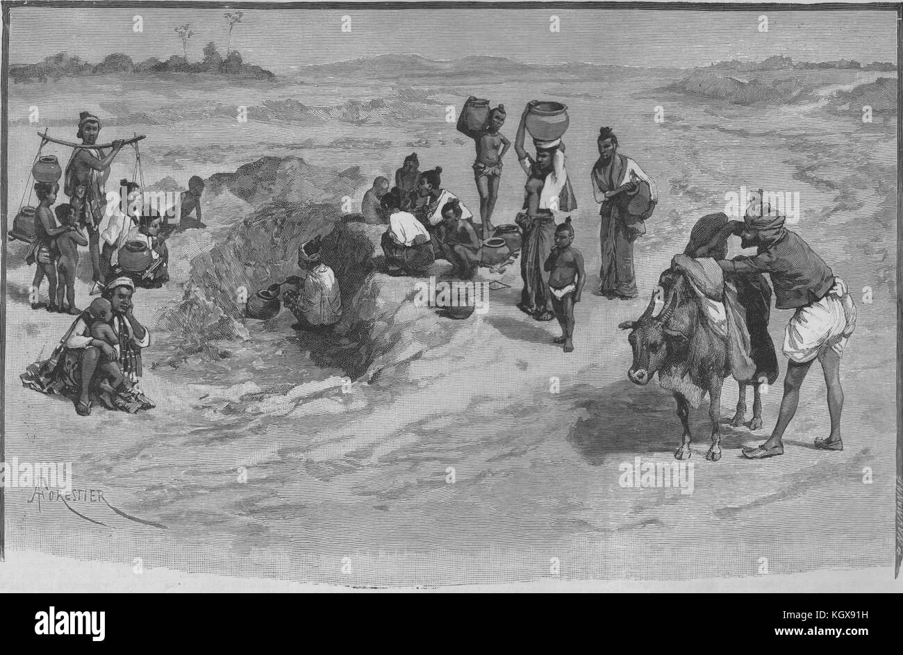 The village well at Pouk, Burma. Lt ER Penrose, 23rd Bombay Light Infantry 1887. The Illustrated London News Stock Photo