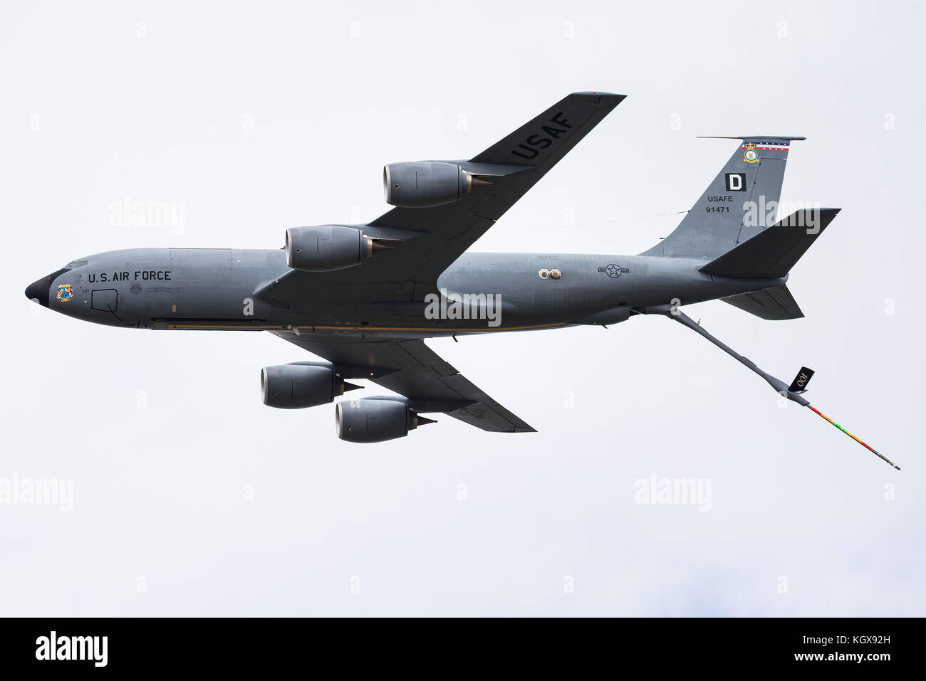 A USAF Boeing KC-135R Stratotanker tanker aircraft of the 351st Air Refueling Squadron during a flypast at the RIAT 2017 airshow. Stock Photo