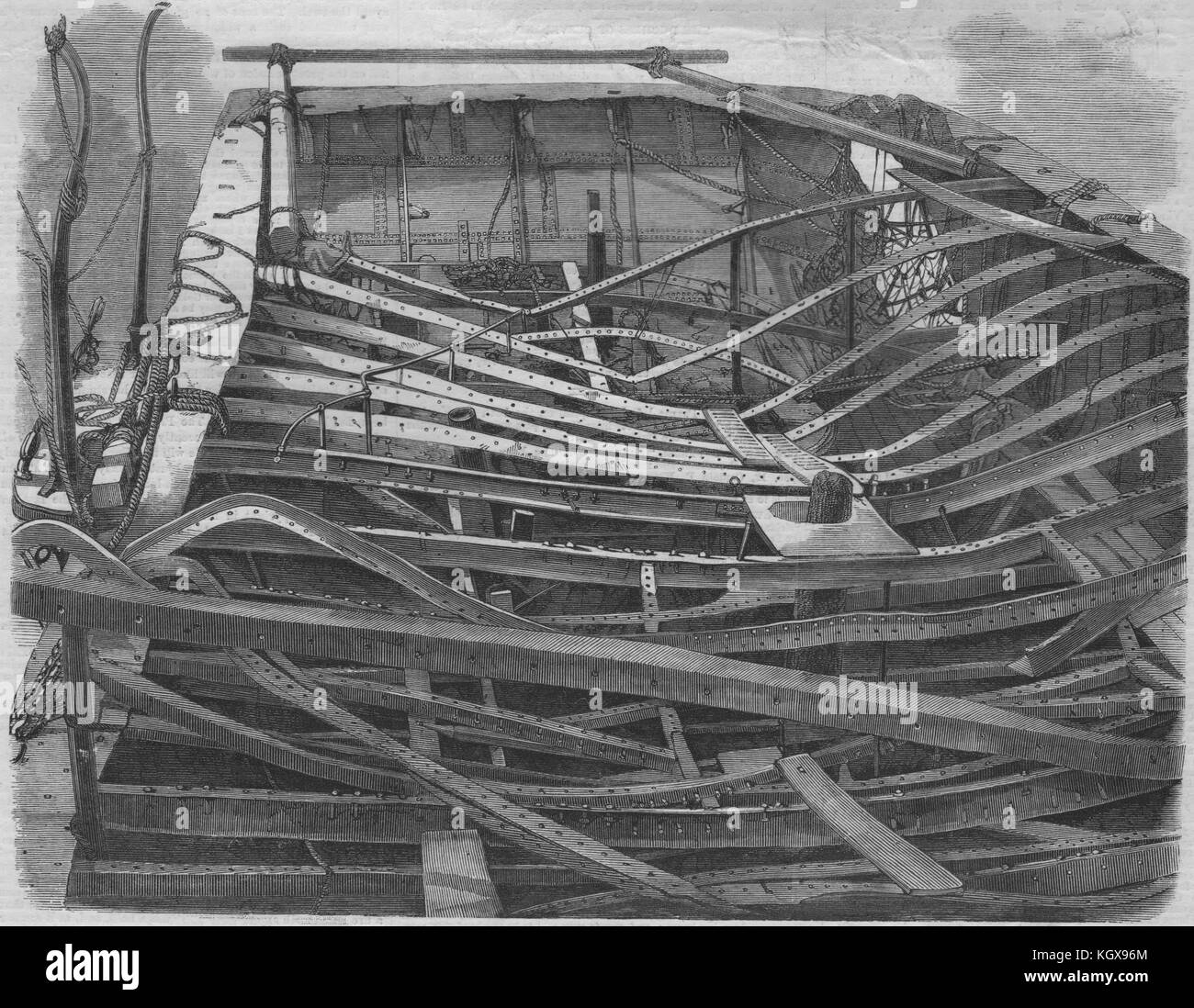 Aft of the 'Sarah Sands' (iron-built steamer) destroyed by fire 1857 1859. The Illustrated London News Stock Photo