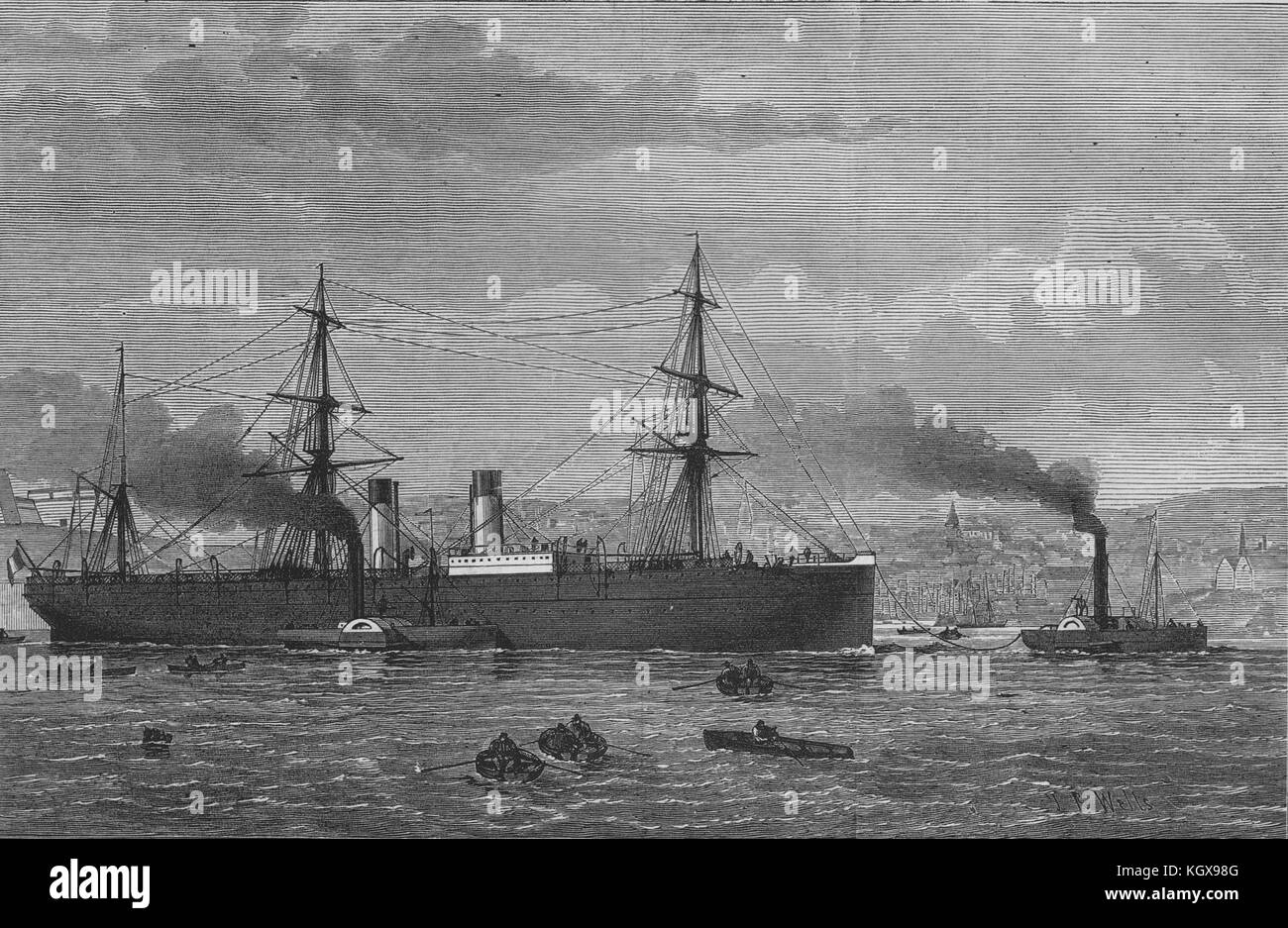 French Transatlantic Co's steamship Amerique towed into Plymouth. Devon 1874. The Illustrated London News Stock Photo