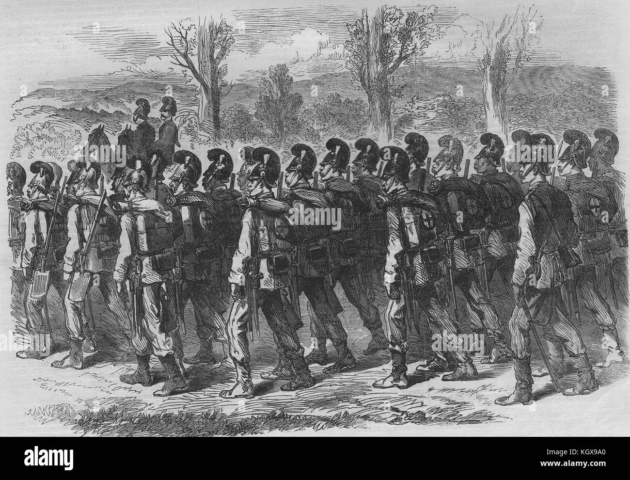 The war Bavarian jaegers on their march to the front. Germany 1870. The