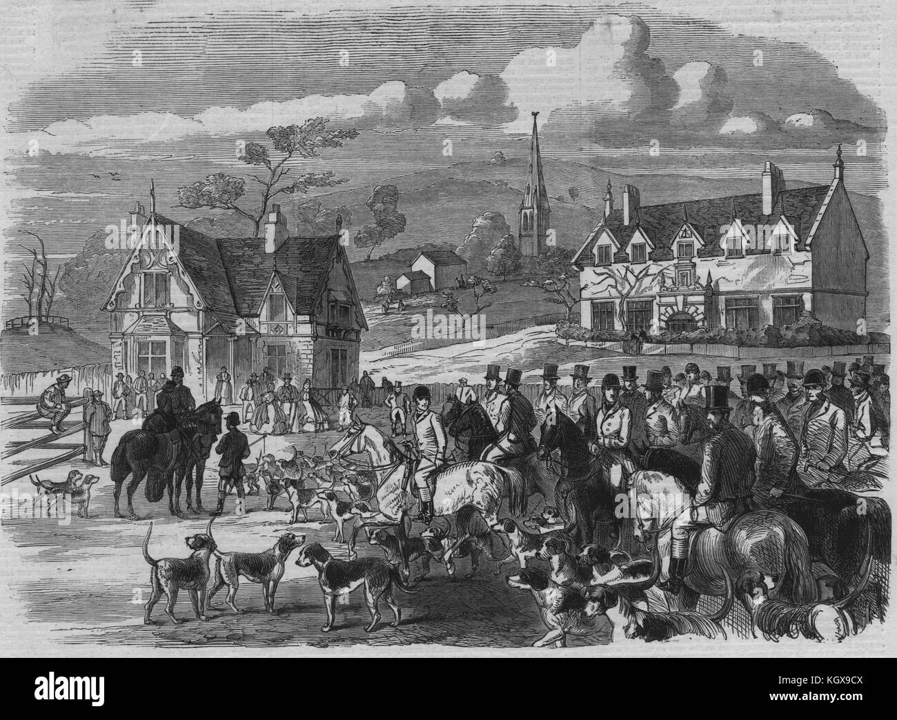 Opening meet of the Quorn Hounds at Kirby Gate, Leicestershire 1863