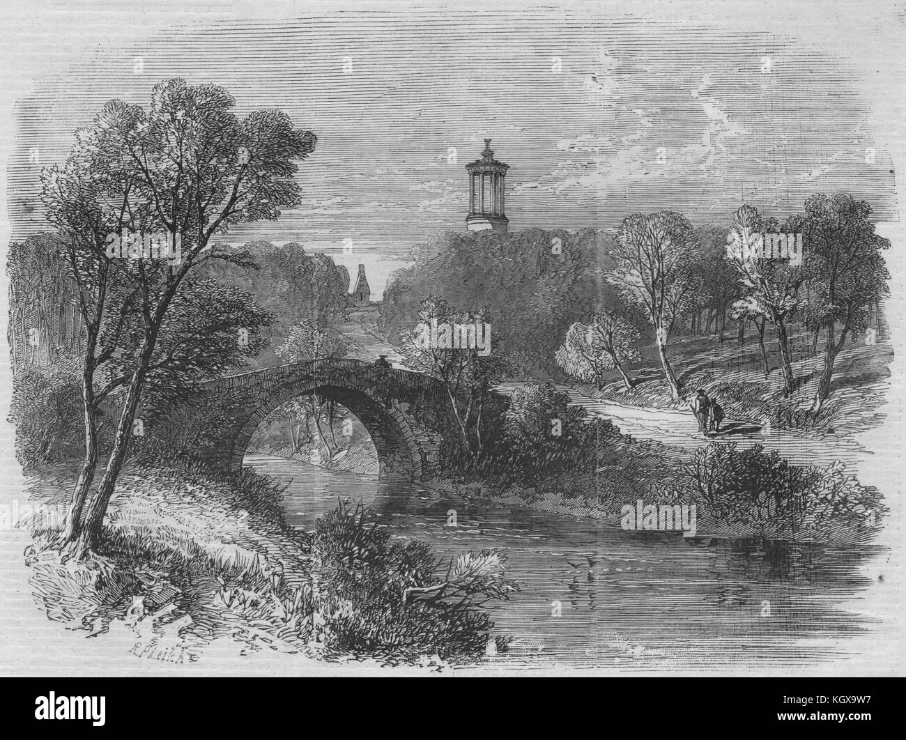 The Auld Brig of Doon, with Burns' monument & Alloway Kirk in the distance 1859. The Illustrated London News Stock Photo