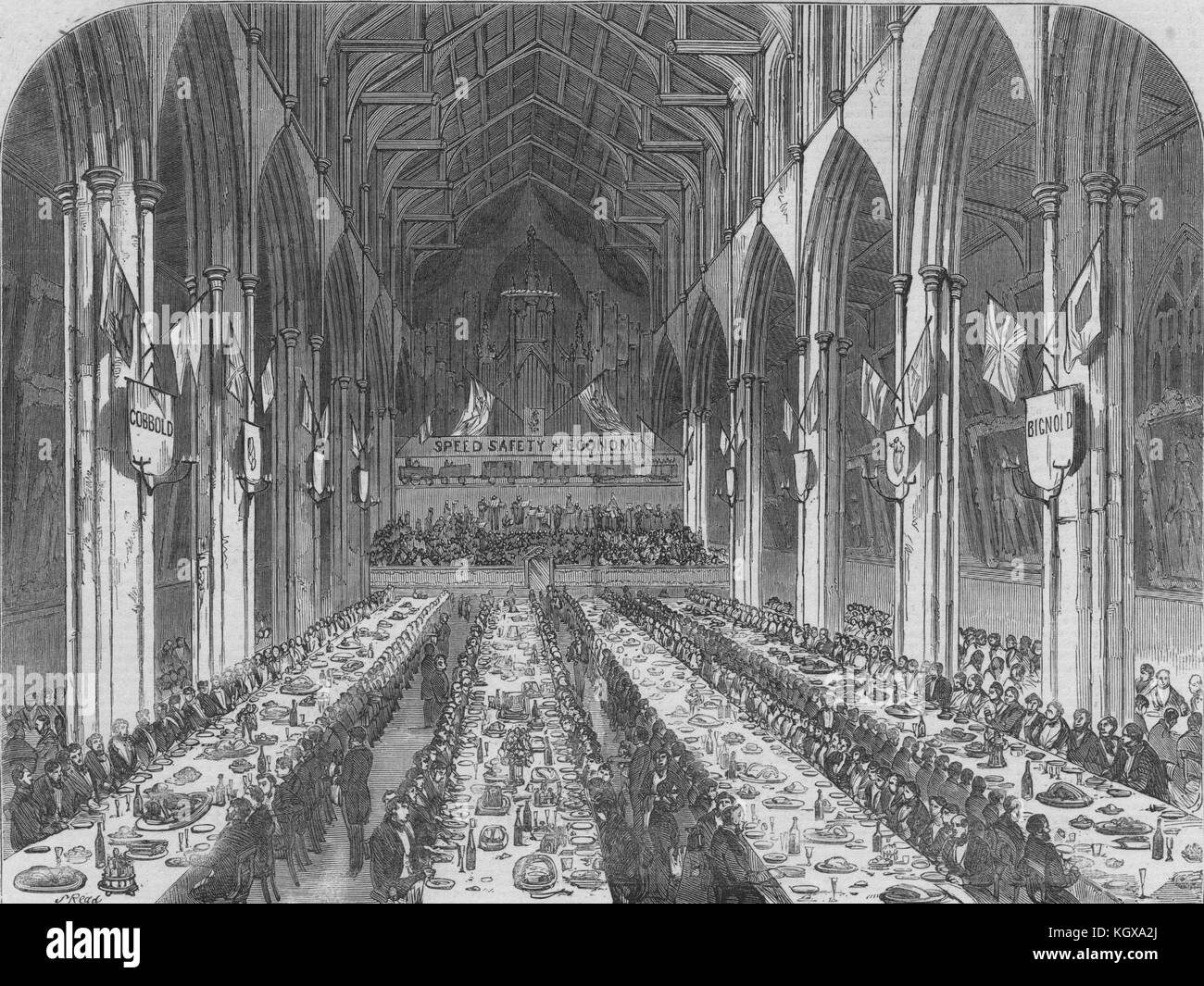 Opening of the Norwich & Ipswich Railway. The dinner in St. Andrew's Hall 1849. The Illustrated London News Stock Photo