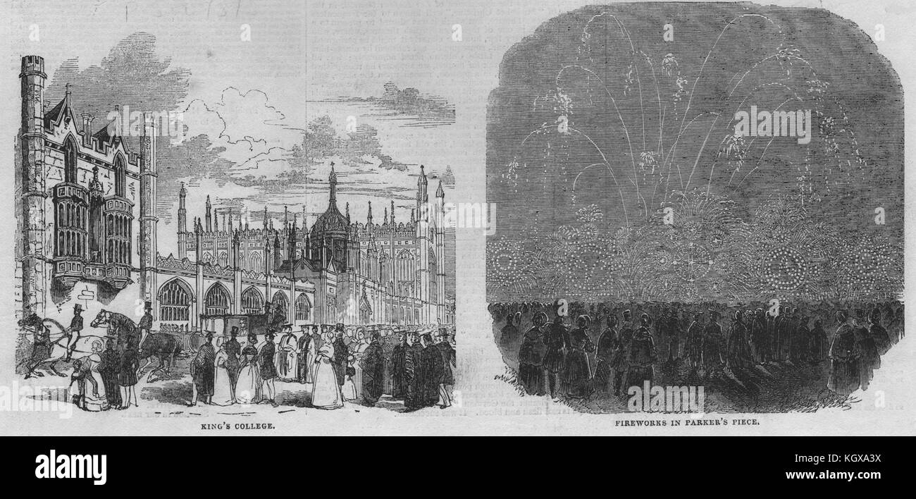 King's College; fireworks in Parker's Piece. Cambridge 1843. The Illustrated London News Stock Photo