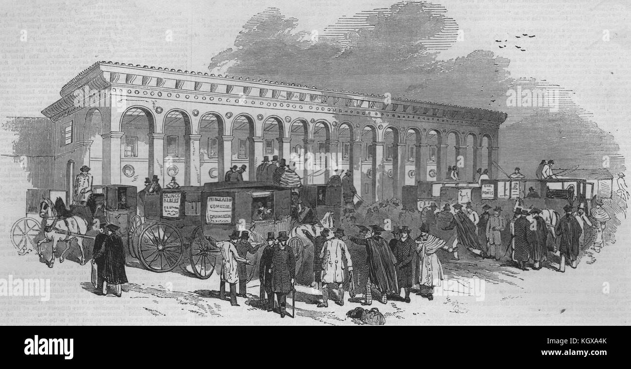 Cambridge Chancellorship election. Voters arriving at the railway station 1847. The Illustrated London News Stock Photo