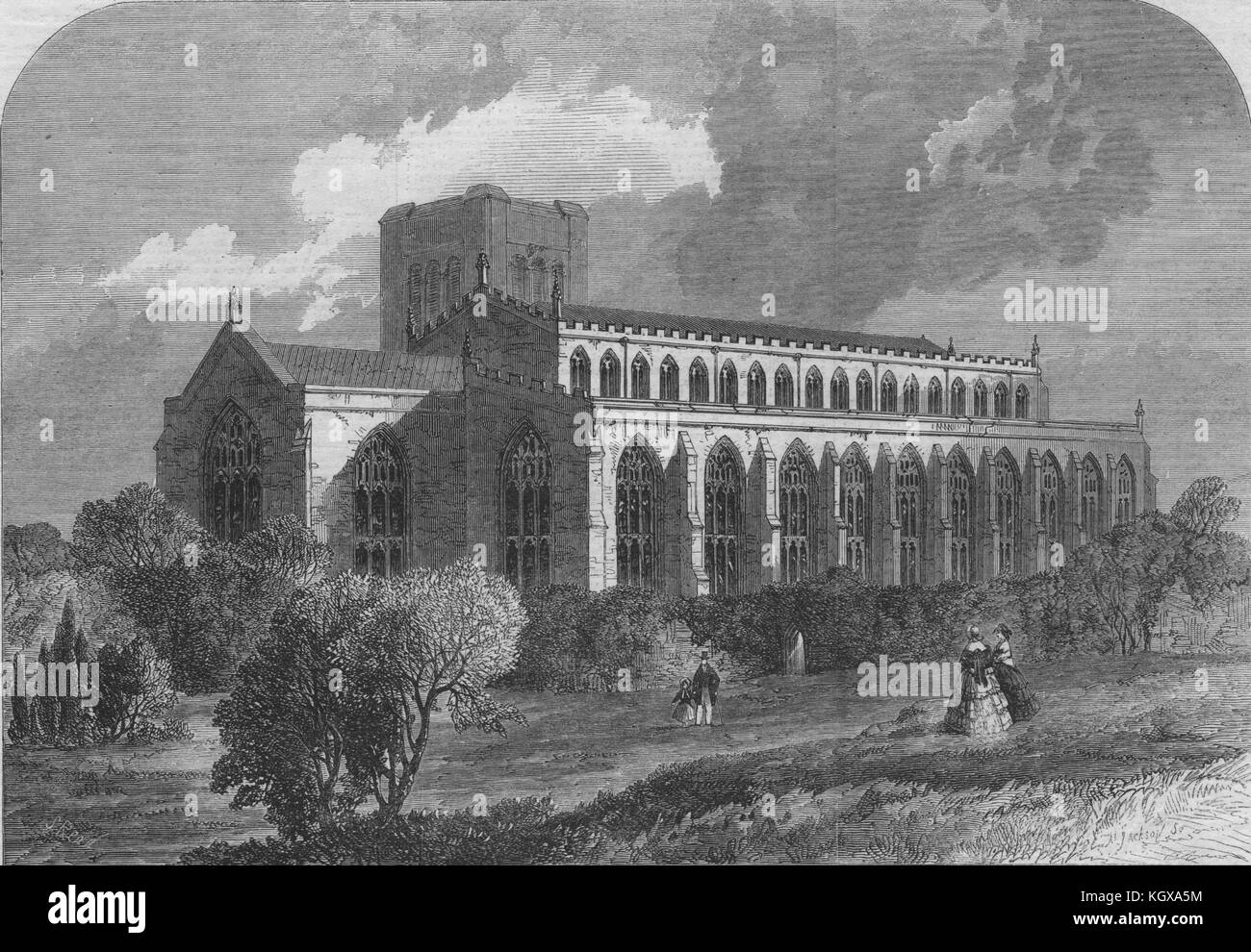 The Abbey Church of Bury St. Edmunds, viewed from the gardens. Suffolk 1860. The Illustrated London News Stock Photo