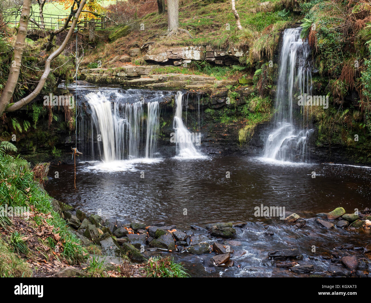 Lumb Hole Waterfall on Crimsworth Dean Beck near Pecket Well Hebden Bridge West Yorkshire England Stock Photo