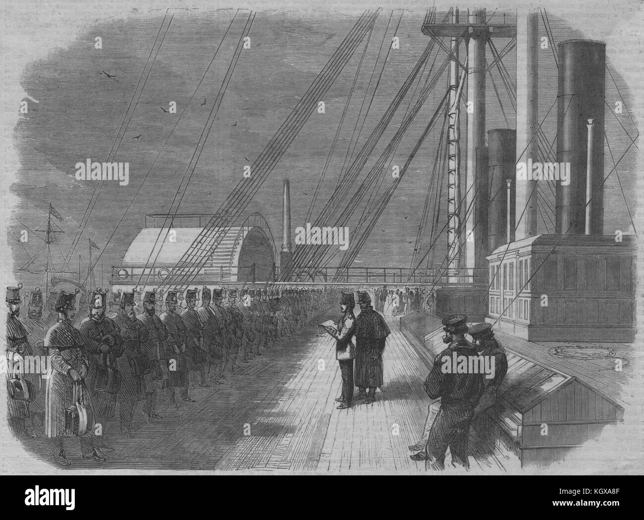Rollcall on SS Great Eastern in the Mersey with troops for Canada 1861. The Illustrated London News Stock Photo