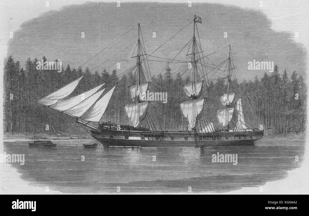 The Wacousta loading timber for masts at Puget Sound, British Columbia 1859. The Illustrated London News Stock Photo