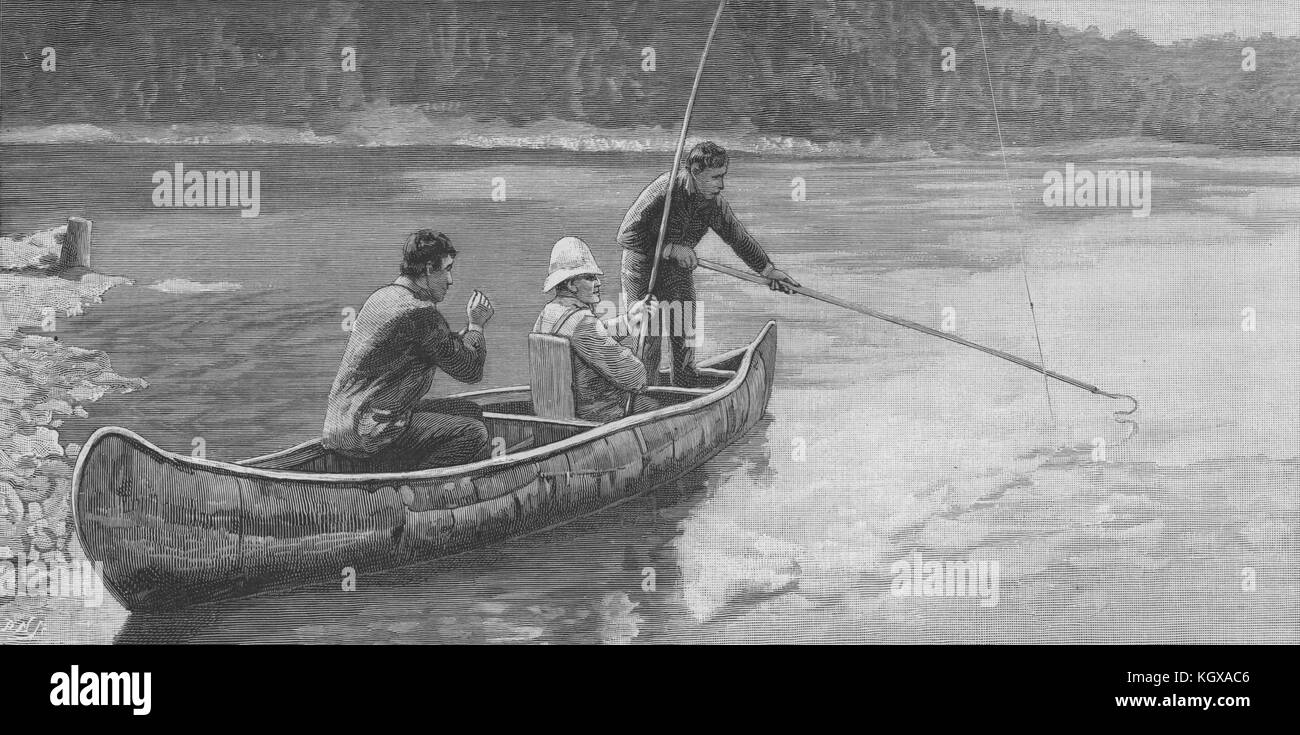 Salmon-fishing. On the Restigouche gaffing from a boat. New Brunswick 1890. The Illustrated London News Stock Photo