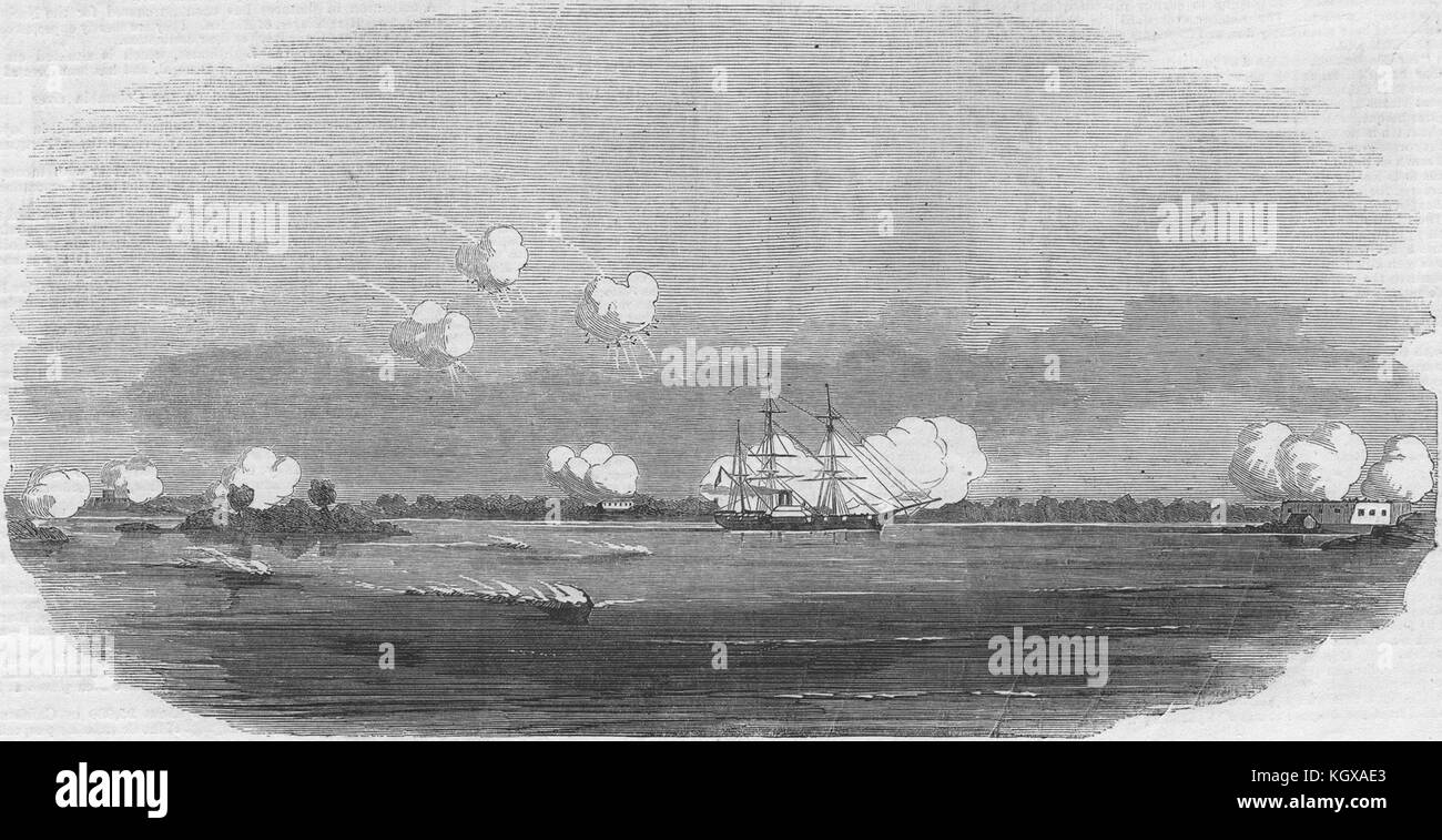 The 'Magicienne' attacking the Russian forts in Hango Bay. Finland 1854. The Illustrated London News Stock Photo