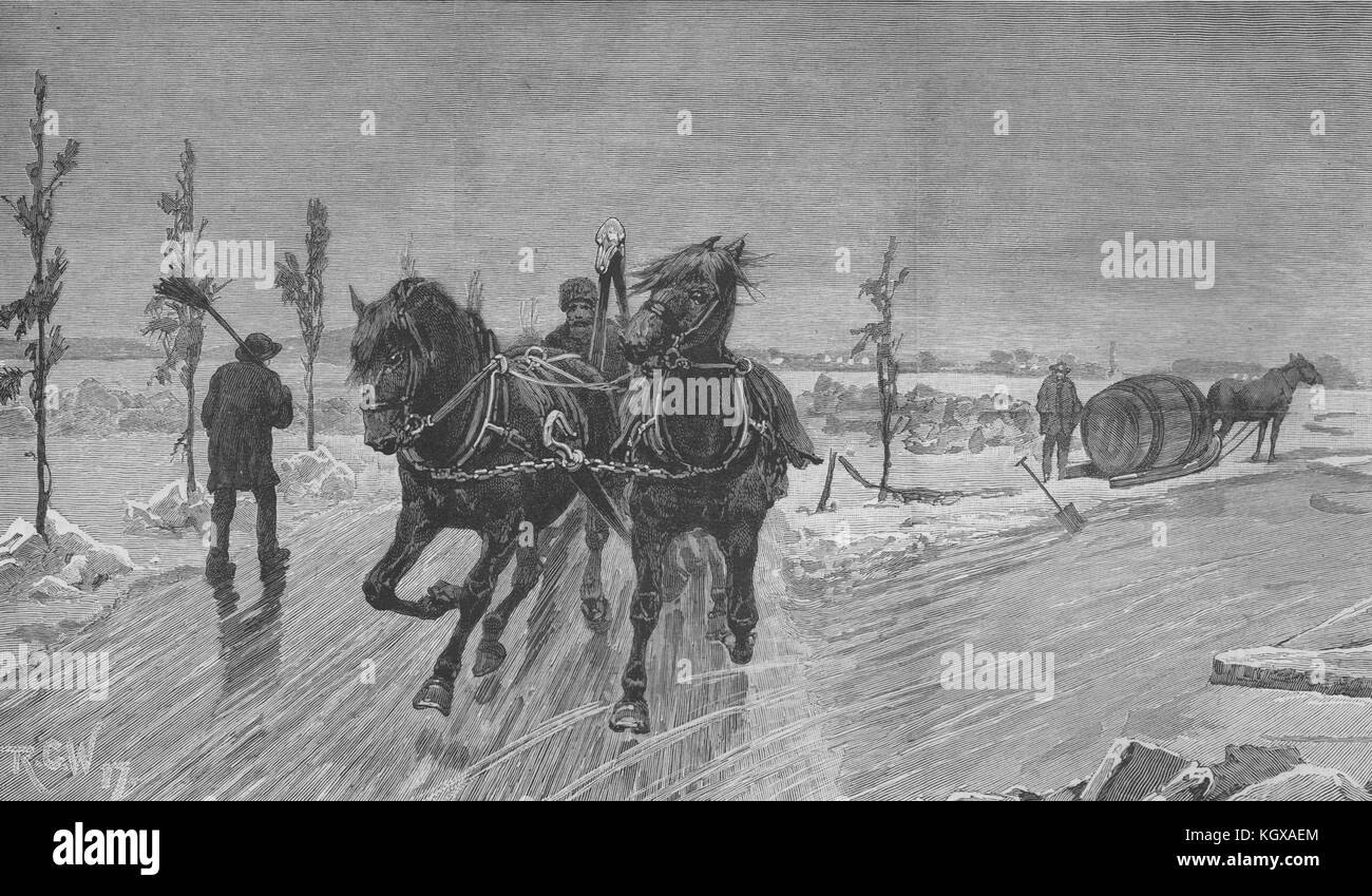 A sleigh road on the ice of the St. Lawrence. Canada 1888. The Illustrated London News Stock Photo