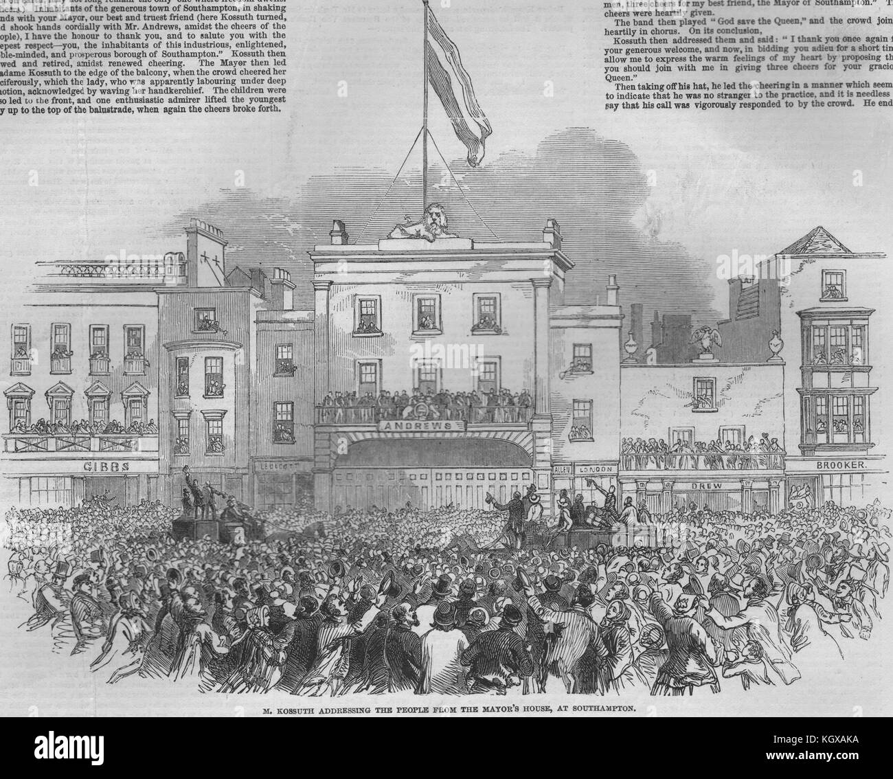 M. Kossuth addressing the people from the Mayor's at Southampton 1851. The Illustrated London