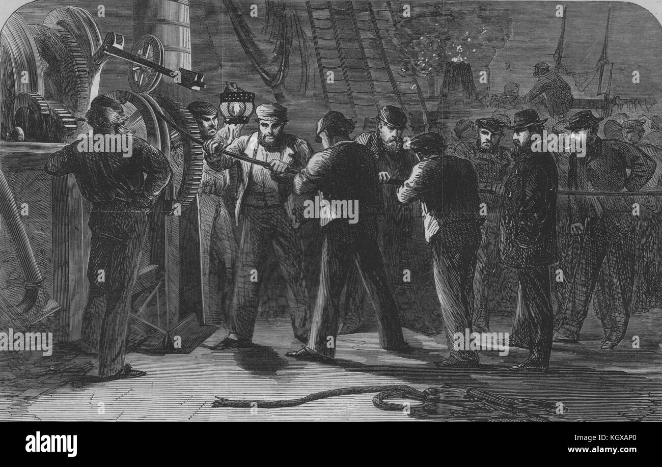 Examining the Atlantic Telegraph Cable, on board the SS Great Eastern 1865. The Illustrated London News Stock Photo