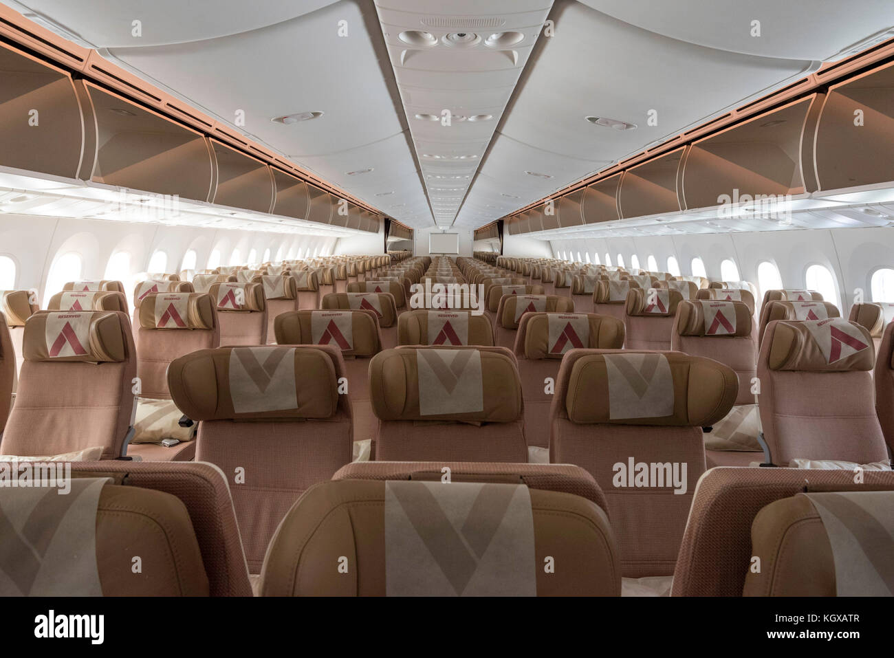 Etihad Airways aircraft interior. Boeing 787 economy / coach class seats Stock Photo