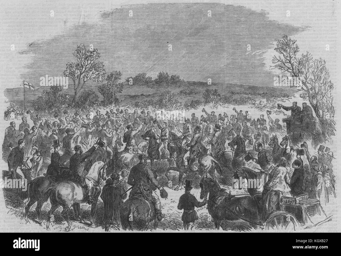 Duke Of Rutland's Foxhounds meet at Piper Hole, Vale of Belvoir. Leics 1866. The Illustrated London News Stock Photo